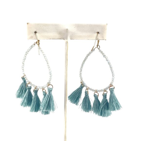 Teal Tassel Beaded Hoop Earrings With Gold Hooks Long Bohemian Statement Jewelry - Picture 5 of 8